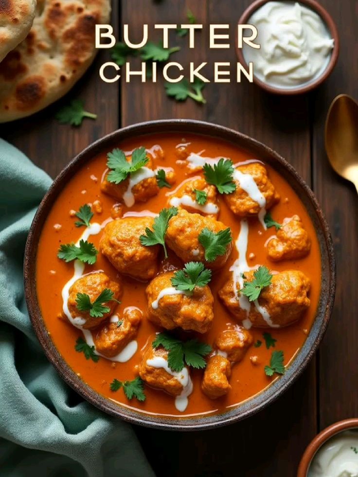 “Creamy butter chicken served in a rich tomato-based gravy with fresh cream garnish.”