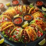 Assorted tacos filled with meat, vegetables, and cheese, served with salsa and lime wedges.