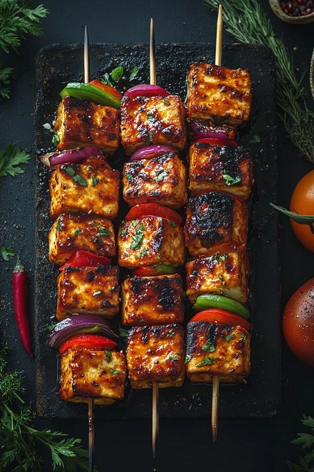 “Grilled paneer tikka pieces served with spices and garnishing.”