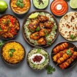 “Assorted Indian dishes with grilled chicken, biryani, curry and rotis served in a Bangalore restaurant”