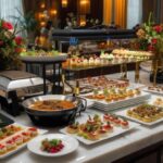 Luxury buffet setup with assorted appetizers, desserts, and hot dishes displayed on a decorated table.