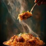 Hot, steaming biryani served in a traditional pot with a spoon lifting a flavorful portion.