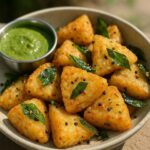 “Crispy fried idli triangles tempered with curry leaves and mustard seeds served with green chutney in a Bangalore restaurant”