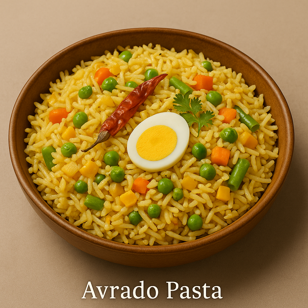 “Creamy avocado pasta served in a bowl with fresh herbs and mixed vegetables.”