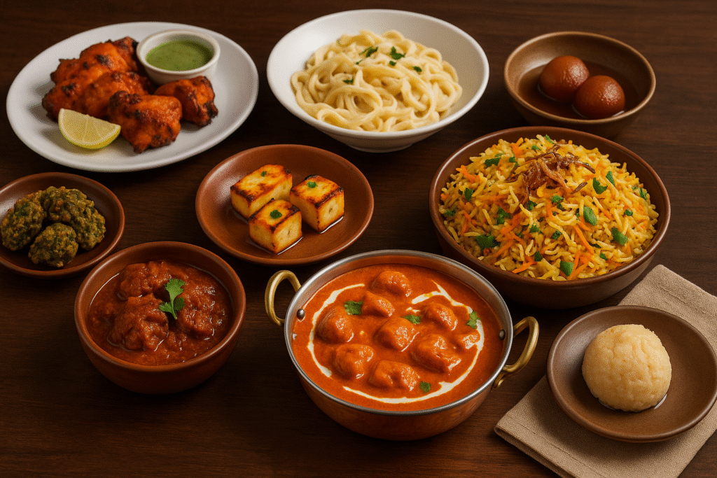 “Assorted Indian dishes including curries, biryani, snacks, and desserts.”