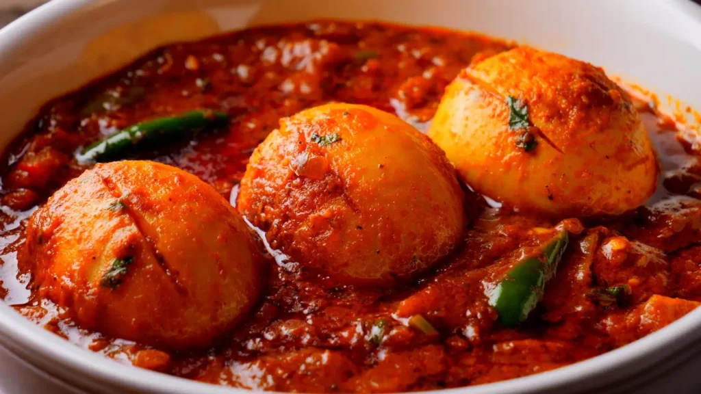 “Egg masala curry with boiled eggs simmered in spicy onion-tomato gravy.”