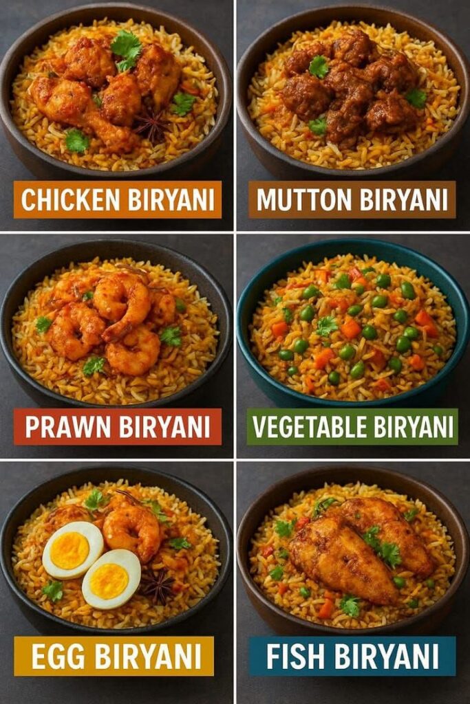 A variety of biryani dishes including chicken, mutton, prawn, vegetable, egg, and fish biryani displayed in bowls.