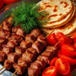 Grilled meat skewers served with flatbreads, fresh tomatoes, and herbs.