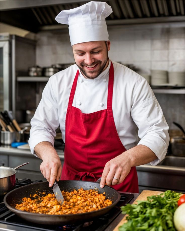 A smiling chef cooking a dish in a pan in a professional kitchen.