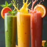 Colorful fruit juices splashing in tall glasses with fresh fruits around them.