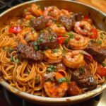 Stir-fried noodles with shrimp, beef, and vegetables in a savory sauce.
