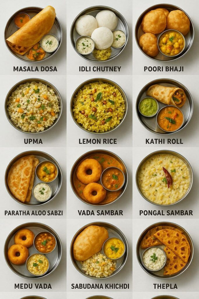 Assorted Indian breakfast dishes arranged in a grid.