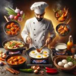 A chef cooking multiple dishes at once, surrounded by pans of eggs, curries, vegetables, and ingredients.
