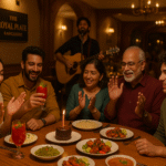 “A family celebrating at a restaurant with a small birthday cake, enjoying food and live music.”
