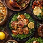 Assorted grilled chicken dishes served with greens, lemon, and sides on a rustic table.