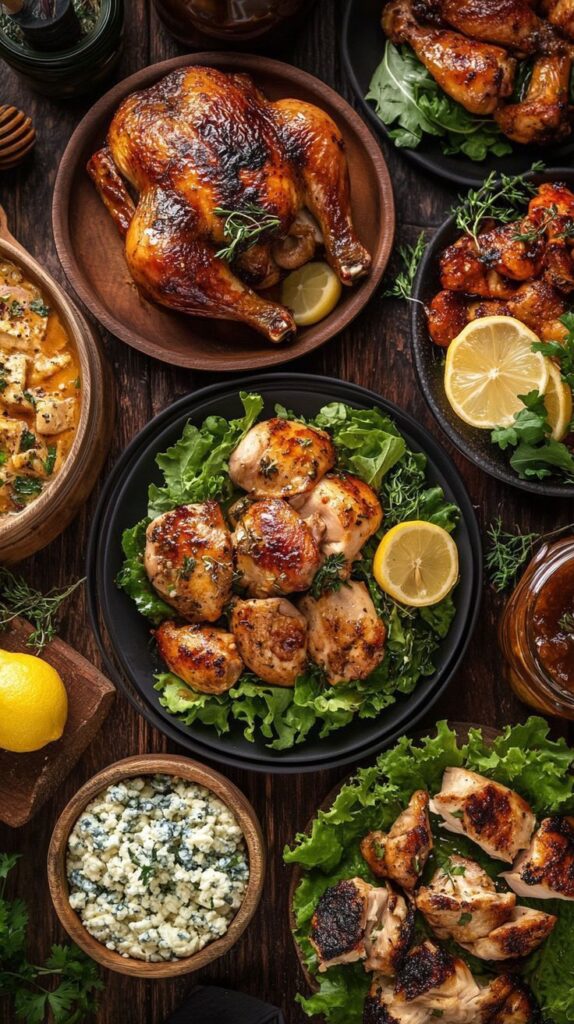 Assorted grilled chicken dishes served with greens, lemon, and sides on a rustic table.