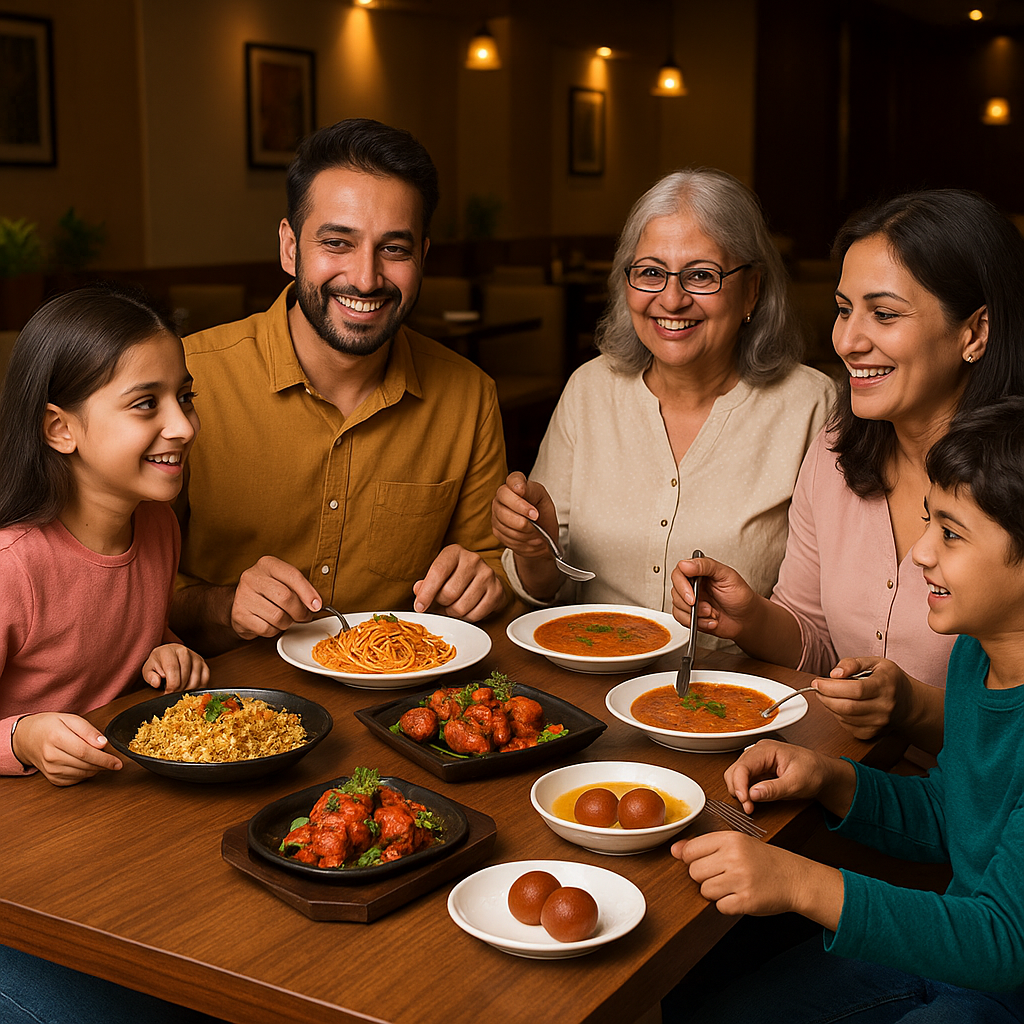 Parents and children sharing starters and mains at The Royal Plate during weekend family dining in Bangalore
