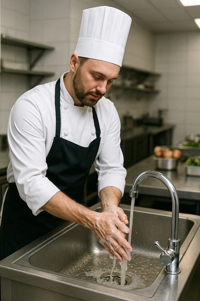 Chef conducting a kitchen hygiene and quality audit using a detailed checklist in a restaurant