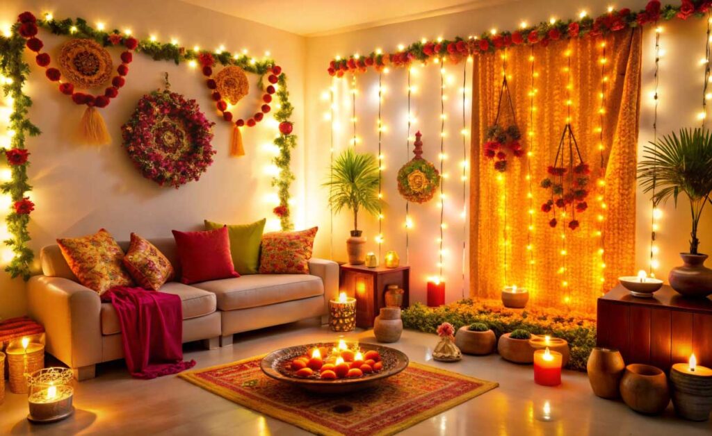 Warm festive restaurant ambience with glowing lights and traditional décor welcoming families for celebration.