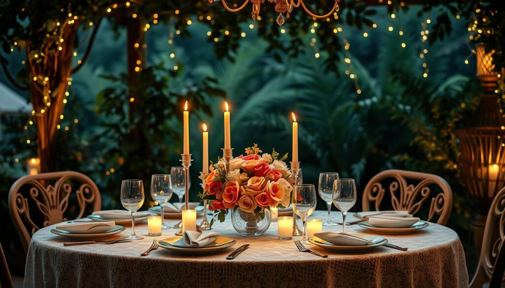 Romantic dinner table setup with candles