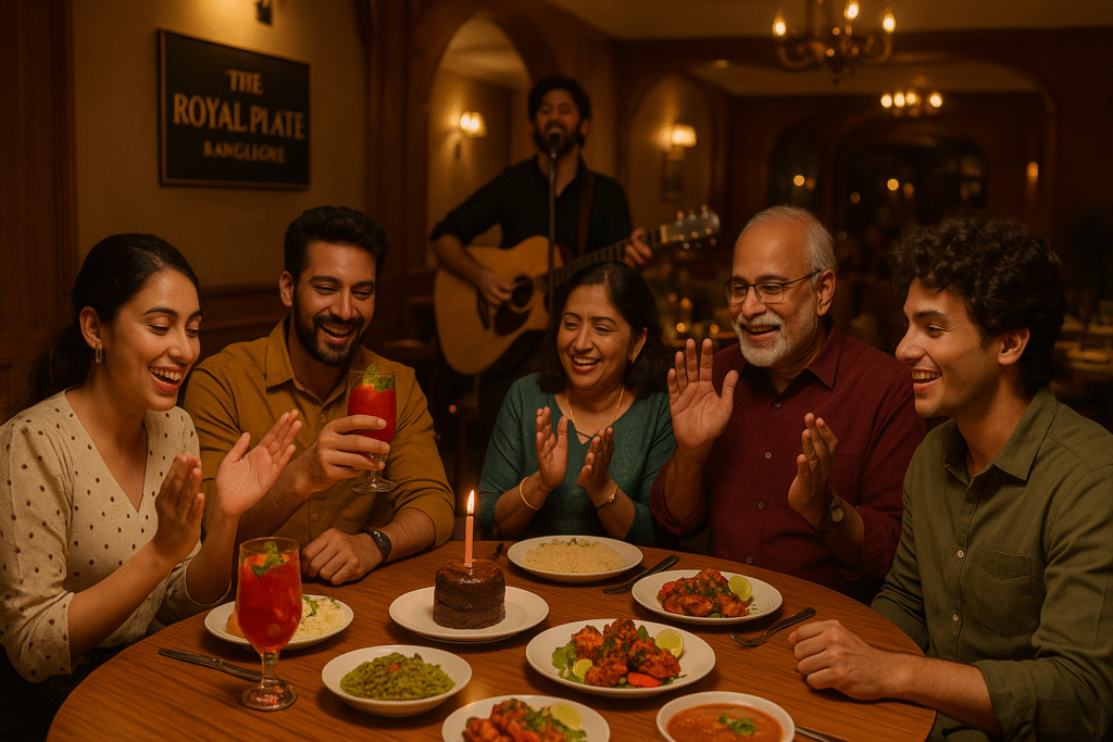 A smiling family captured at The Royal Plate Bangalore, enjoying dinner accompanied by relaxing live music