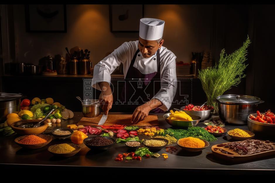 Chef preparing festive dishes using fresh ingredients in a restaurant kitchen.