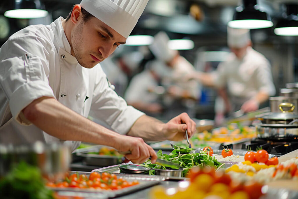 Professional chef working in a hygienic kitchen, preparing a fresh dish